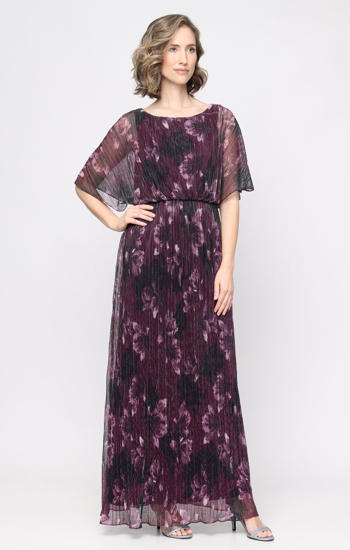 Plum Multi SL Fashions 9155303 Boat Neck Floor-Length Metallic Evening Dress Pleated