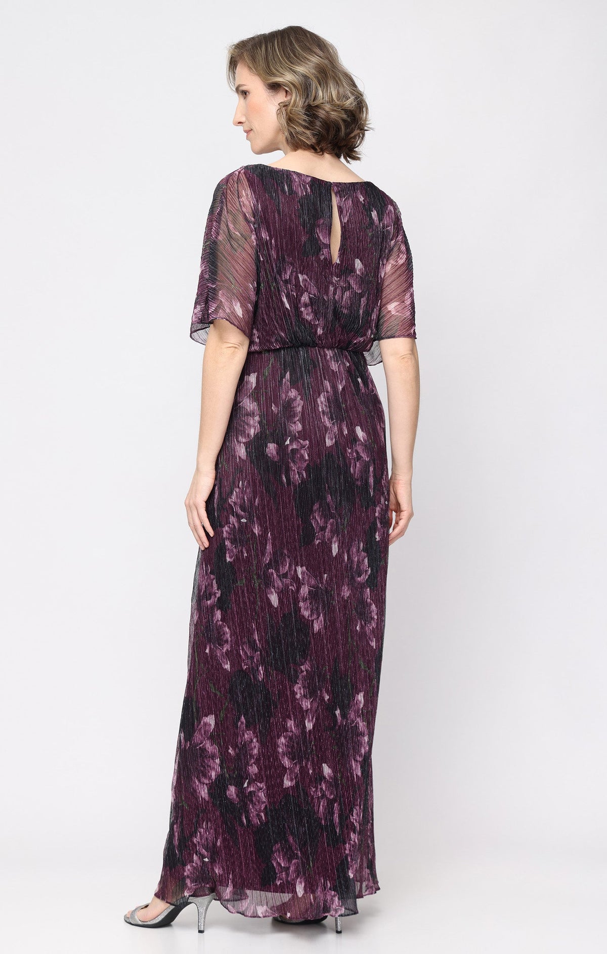 Plum Multi SL Fashions 9155303 Boat Neck Floor-Length Metallic Evening Dress Pleated