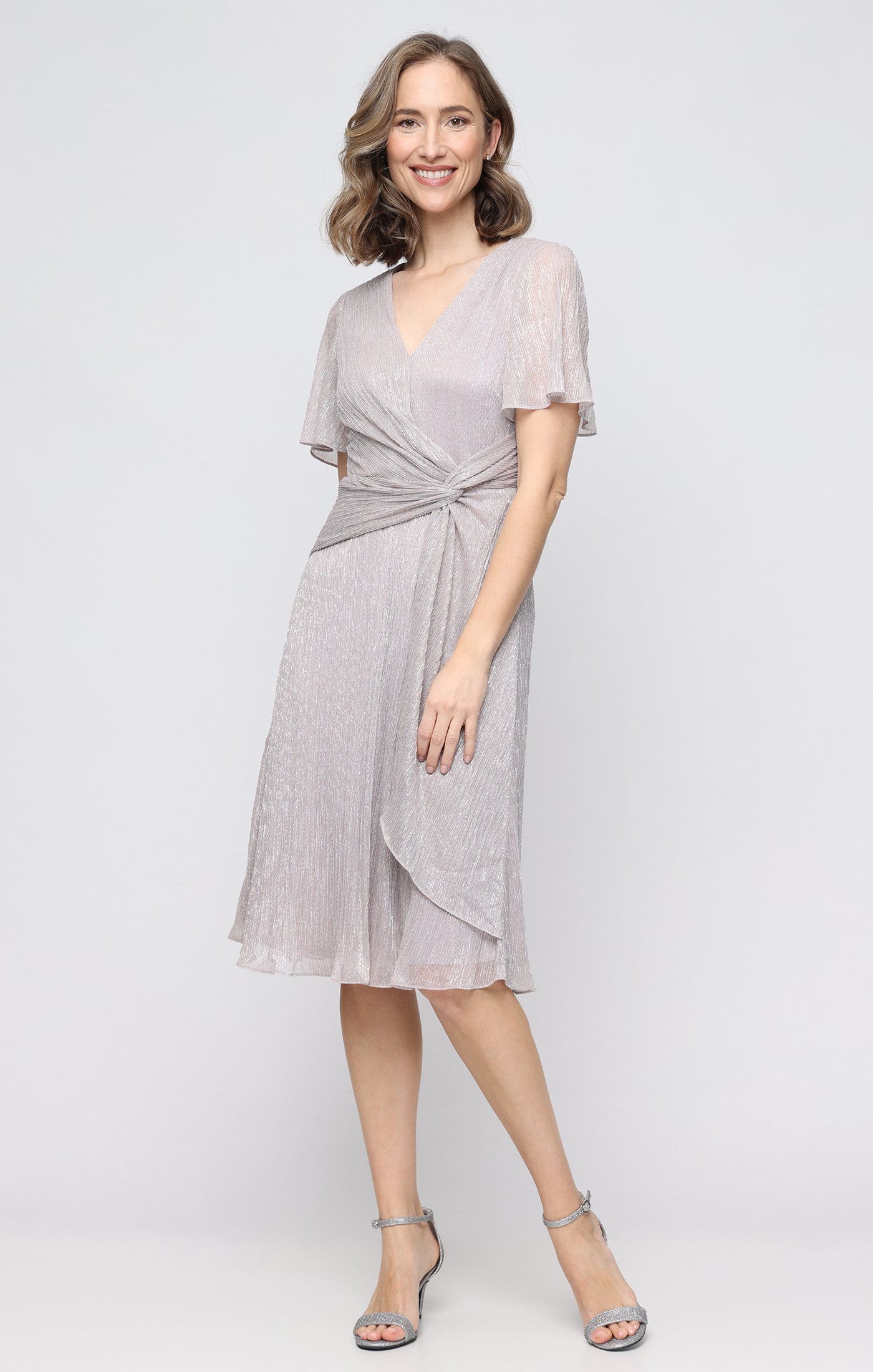 Pearl V-Neck Knee-Length Metallic Chiffon Cocktail Dress with Flutter Sleeves SL Fashions 9155308