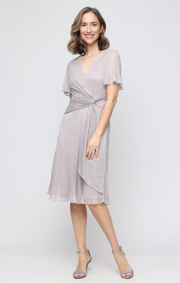 V-Neck Knee-Length Metallic Chiffon Cocktail Dress with Flutter Sleeves SL Fashions 9155308