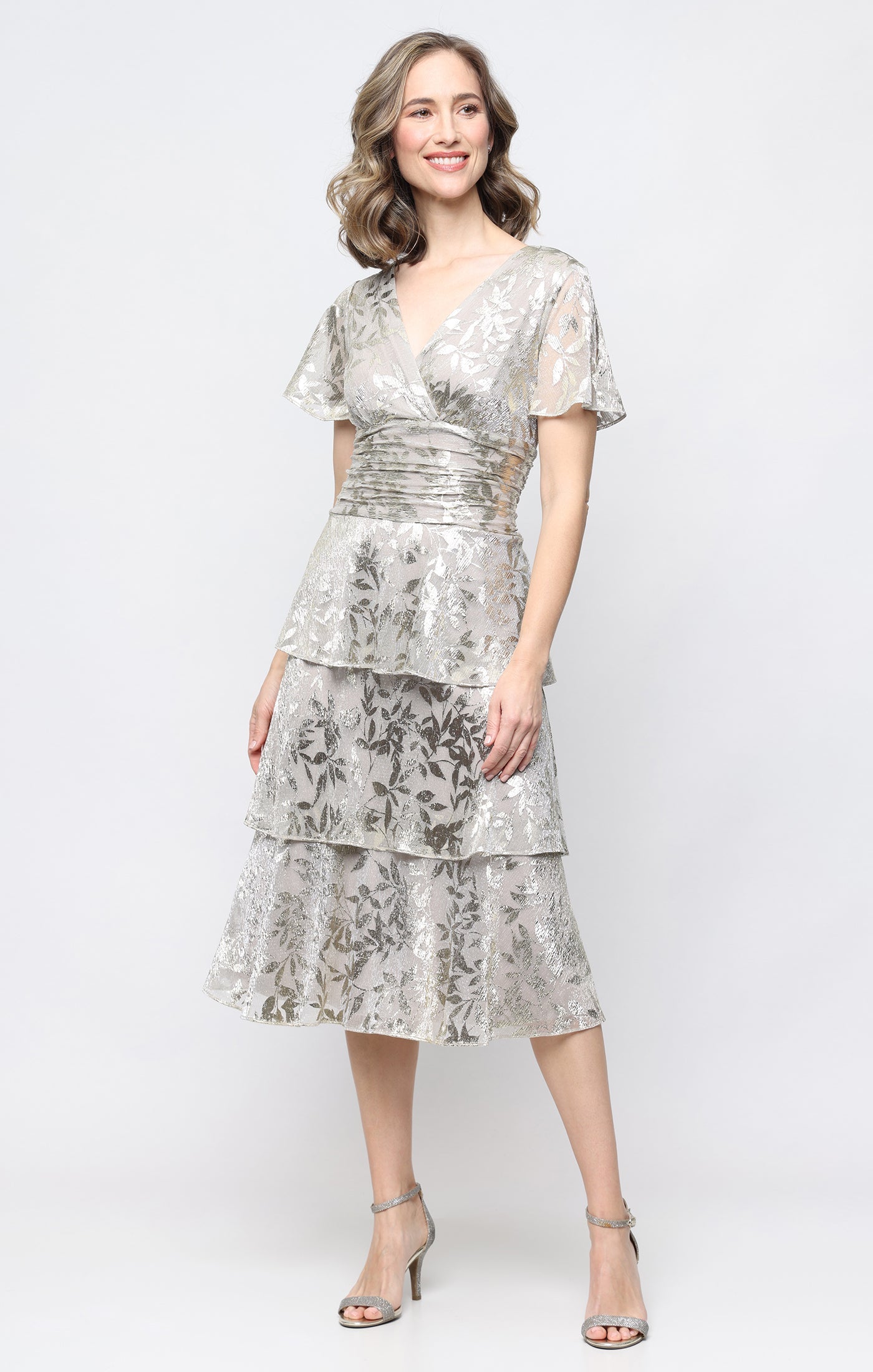 V-Neck Tea-Length Mesh Formal Fit & Flare Dress SL Fashions 9155313
