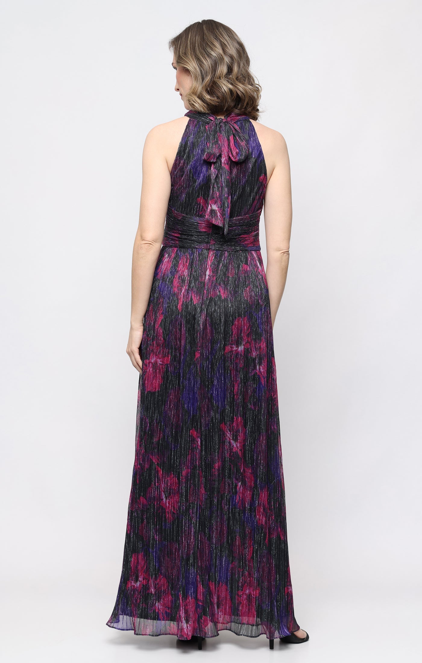 Pink Multi SL Fashions 9155314 Halter Neck Floor-Length Metallic Formal Dress Floral