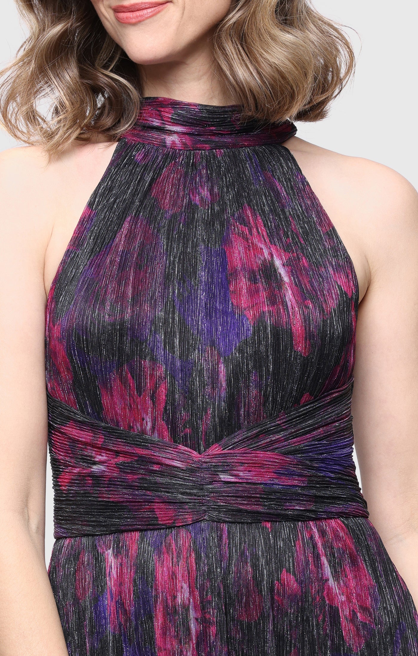 Pink Multi SL Fashions 9155314 Halter Neck Floor-Length Metallic Formal Dress Floral