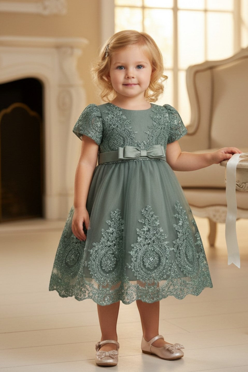 Jewel Knee-Length Lace Flower Girl A-Line Dress Cinderella Couture 9158B
