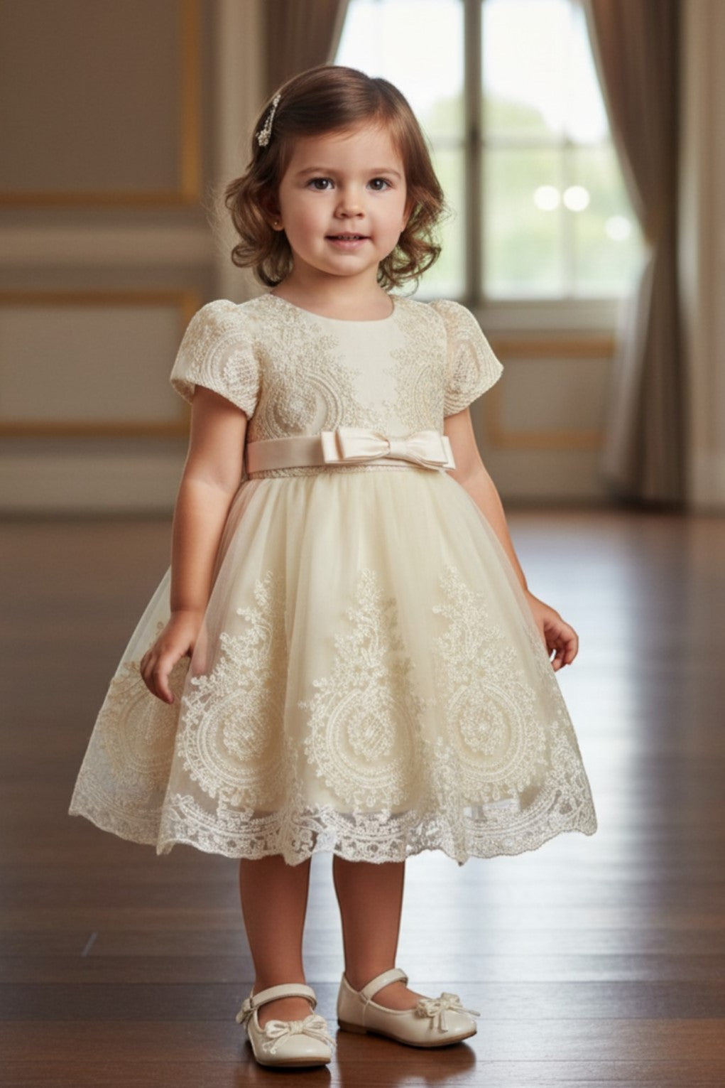 Jewel Knee-Length Lace Flower Girl A-Line Dress Cinderella Couture 9158B