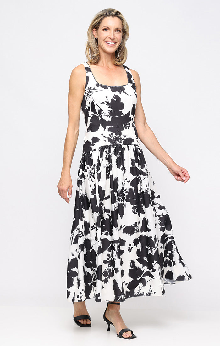 Ivory Black Scoop Neck Tea Length Floral Print Cocktail A-Line Dress SL Fashions 9162123