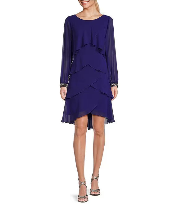 SL Fashions Women's Rhinestone-Cuff Tiered Dress - Deep Navy