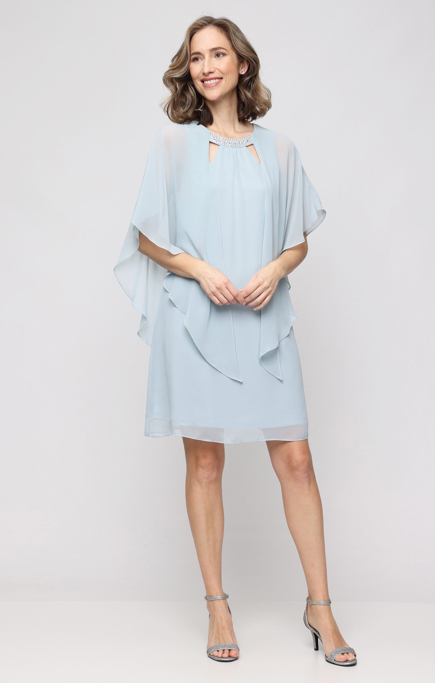 Aloe SL Fashions 9270700 Jewel Short Knee-Length Chiffon Petite Cocktail Capelet Dress