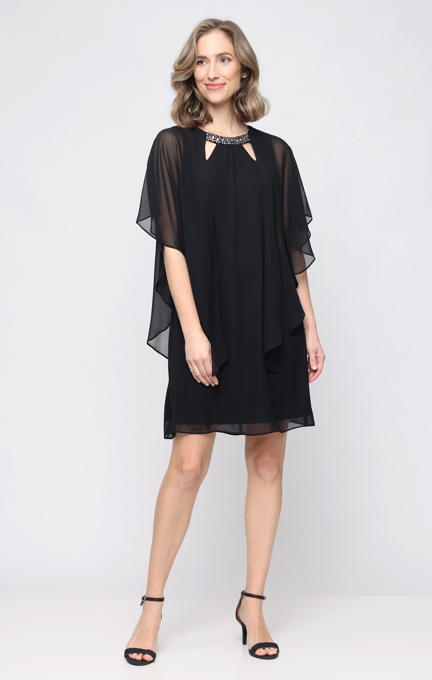 Black SL Fashions 9170700 Jewel Neck Knee-Length Chiffon Cocktail Dress Capelet