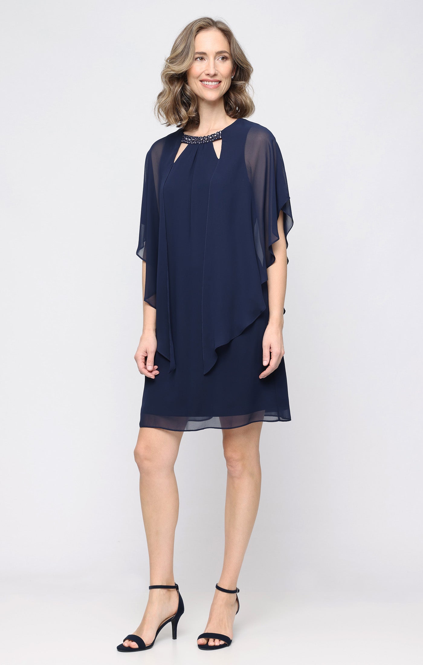 Navy SL Fashions 9270700 Jewel Short Knee-Length Chiffon Petite Cocktail Capelet Dress