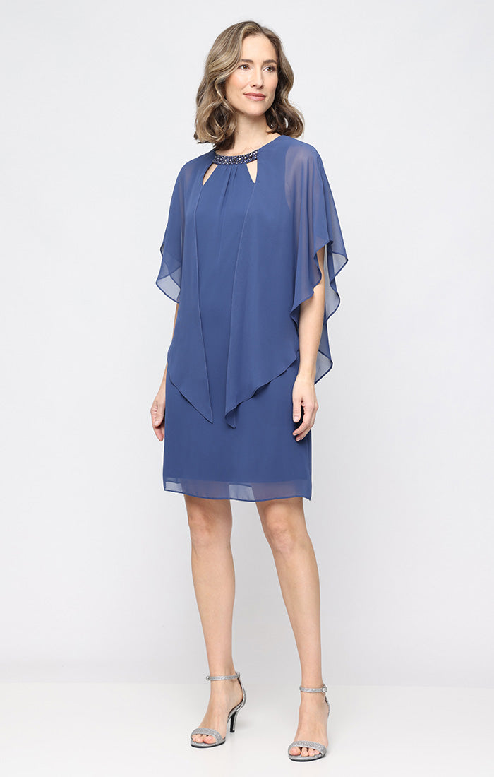Wedgewood SL Fashions 9170700 Jewel Neck Knee-Length Chiffon Cocktail Dress Capelet