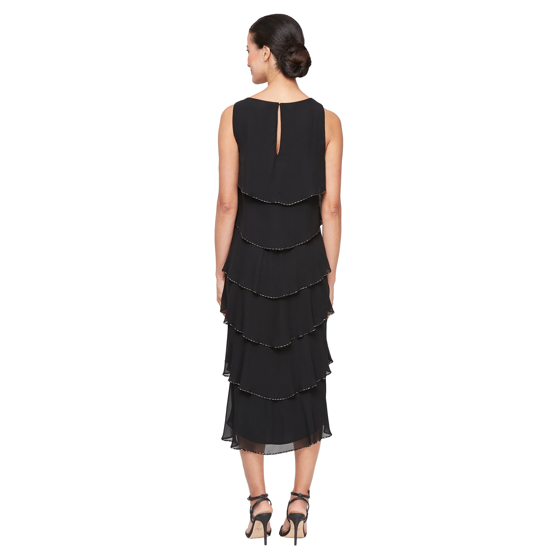 SL Fashions 9170734 Beaded Long Formal Tiered Tea Length Dress