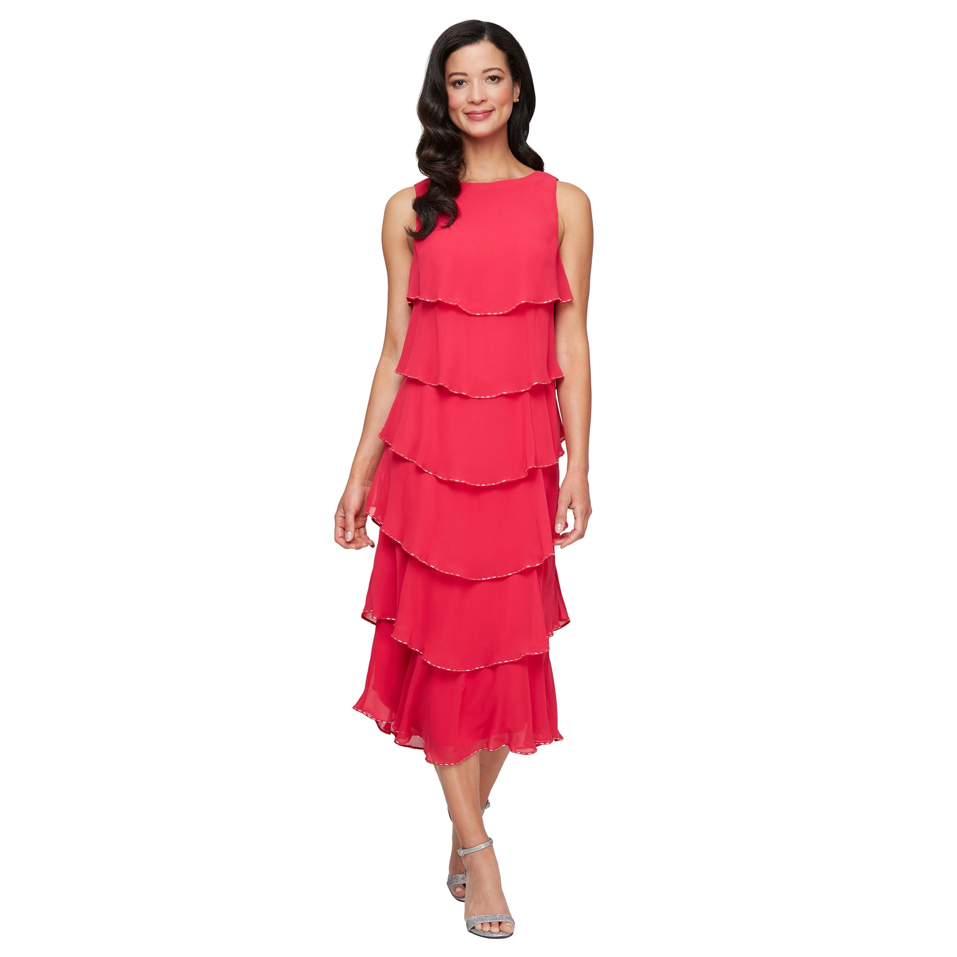 SL Fashions 9170734 Beaded Long Formal Tiered Tea Length Dress