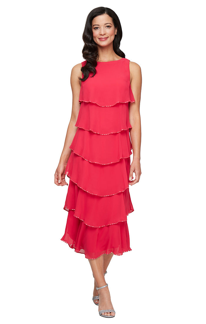 SL Fashions 9270734 Petite A Line Tiered Beaded Tea Length Dress