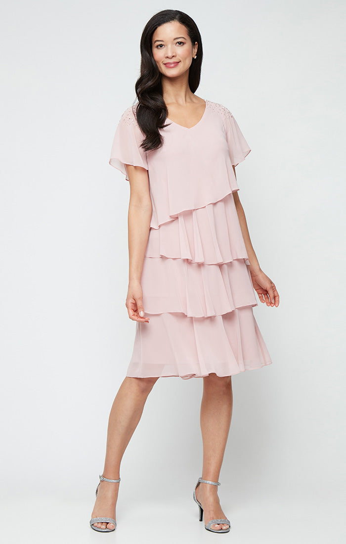 Faded Rose SL Fashions 9170745 V-Neck Knee-Length Chiffon Cocktail Dress Beaded
