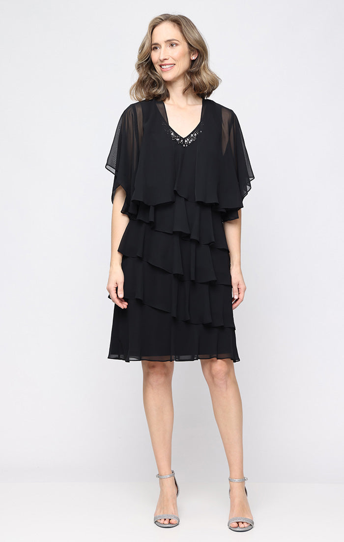 Black SL Fashions 9170750 V-Neck Knee-Length Chiffon Cocktail Capelet Dress