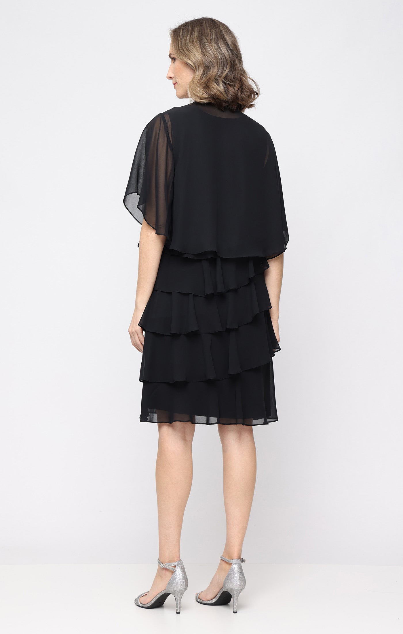 Black SL Fashions 9270750 V-Neck Knee-Length Chiffon Petite Tiered Cocktail Dress