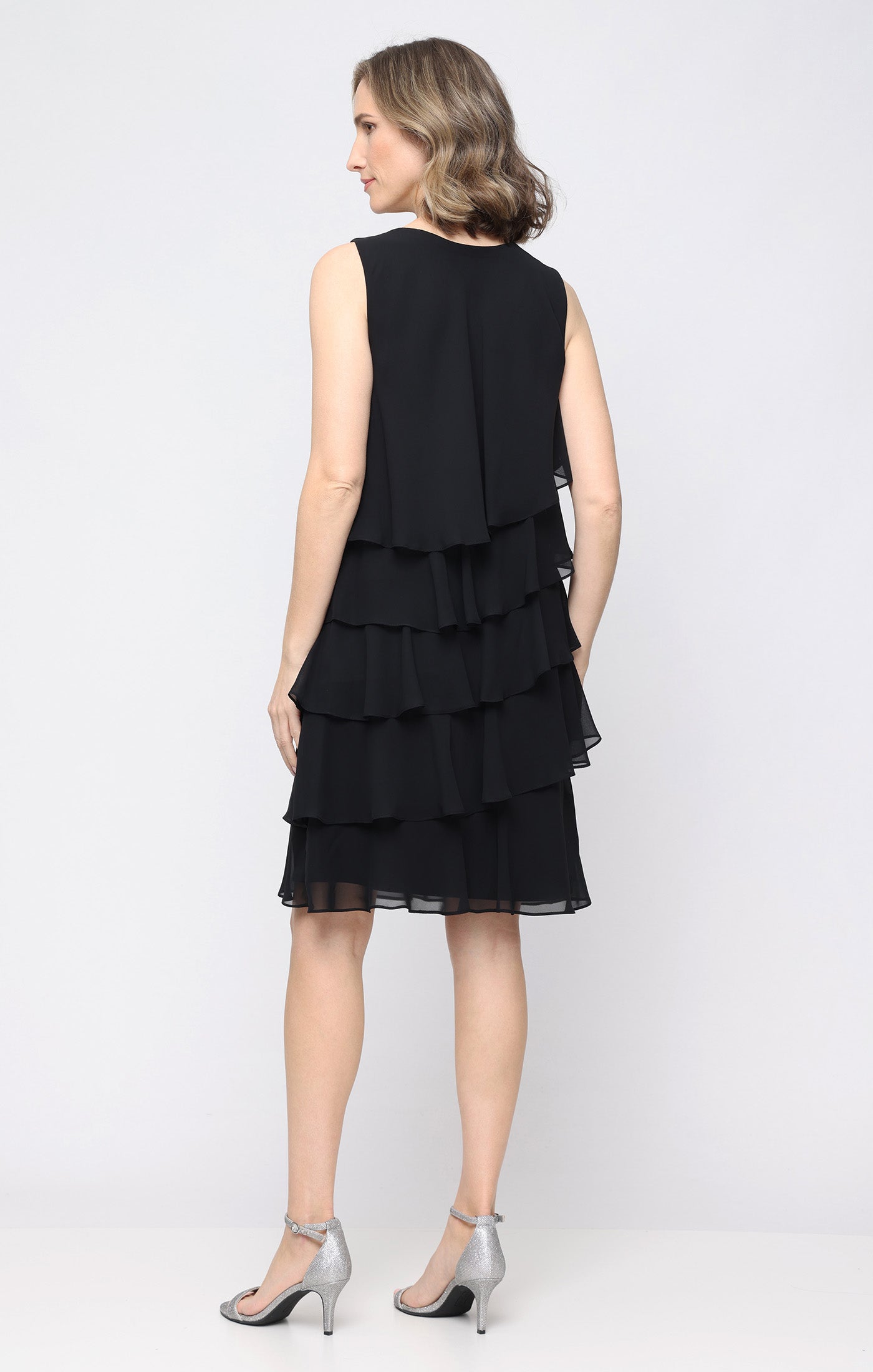 Black SL Fashions 9170750 V-Neck Knee-Length Chiffon Cocktail Capelet Dress