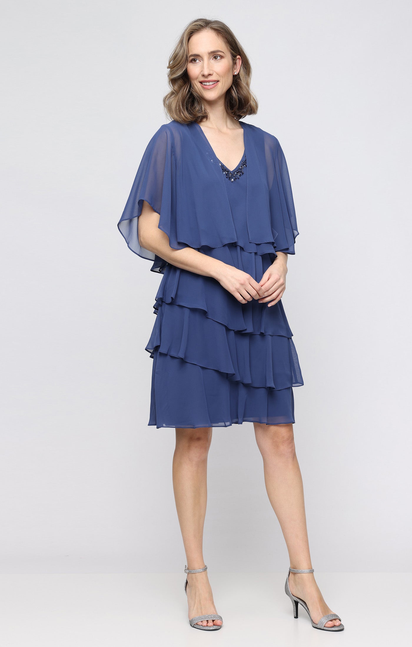 Wedgewood SL Fashions 9170750 V-Neck Knee-Length Chiffon Cocktail Capelet Dress