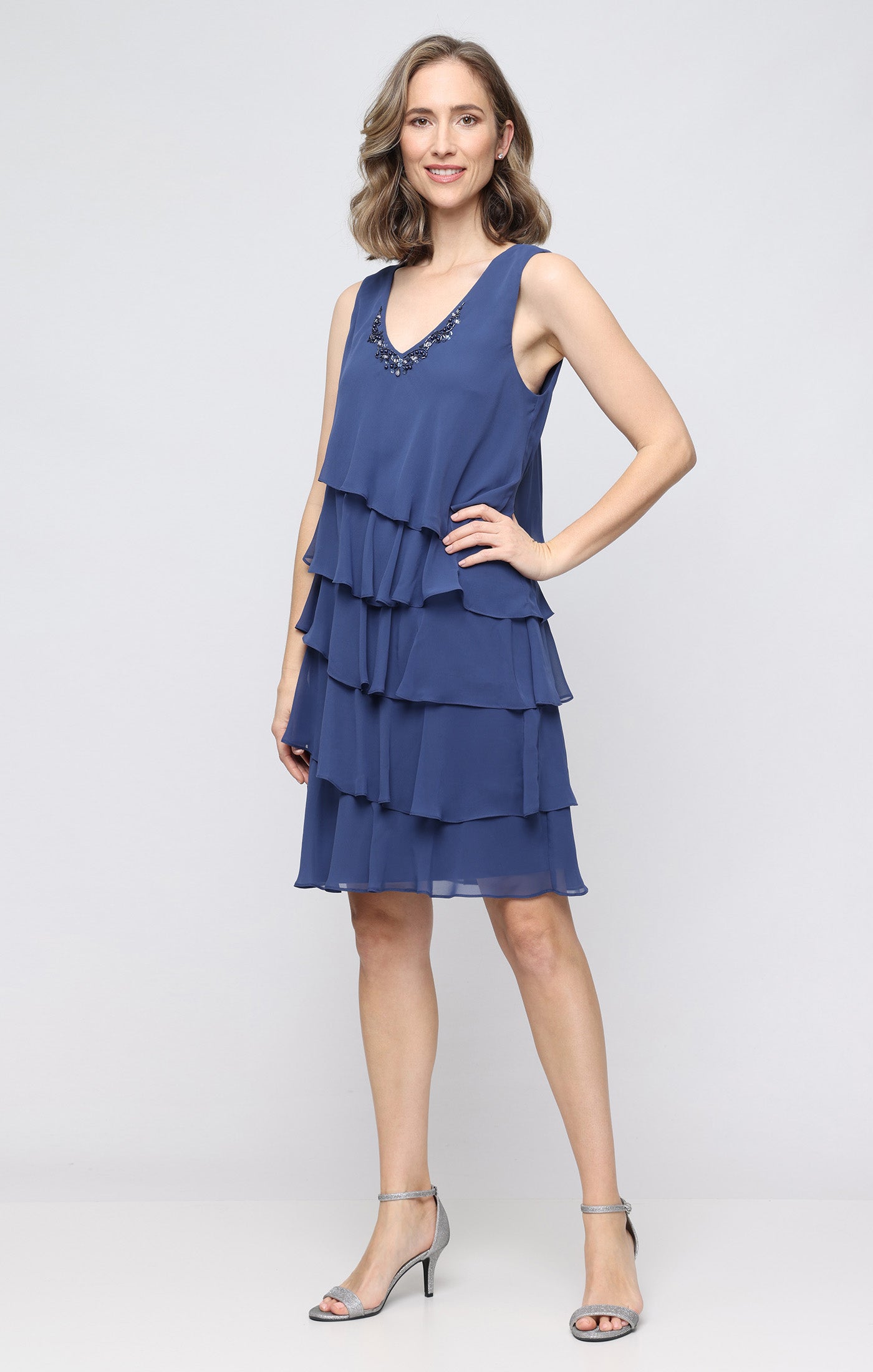 Wedgewood SL Fashions 9170750 V-Neck Knee-Length Chiffon Cocktail Capelet Dress