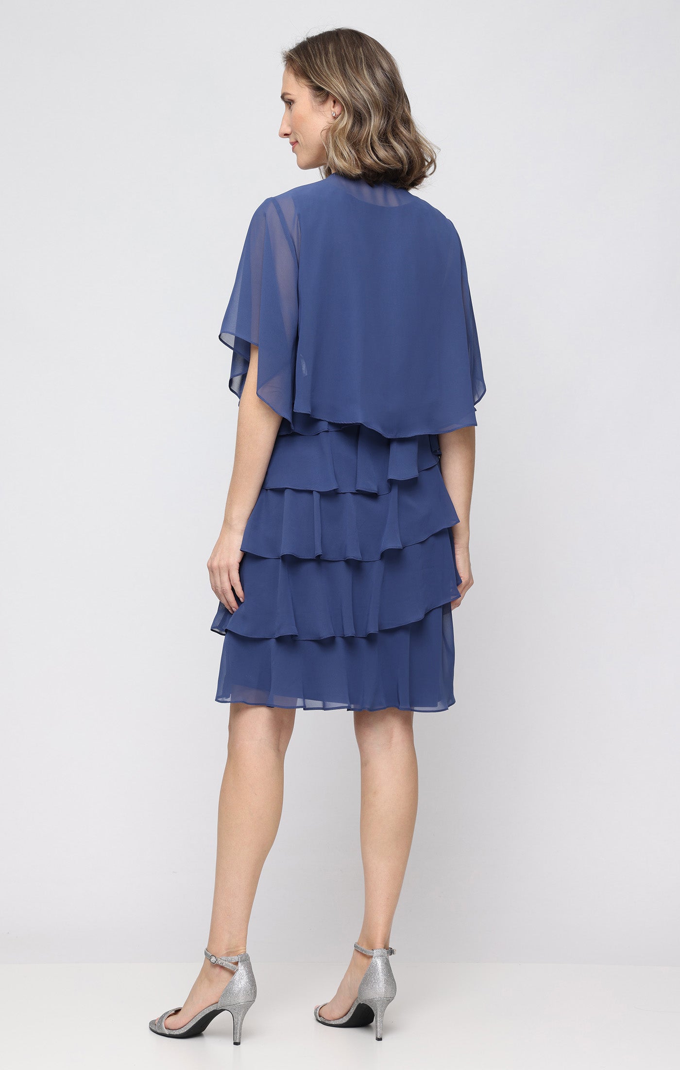 Wedgewood SL Fashions 9170750 V-Neck Knee-Length Chiffon Cocktail Capelet Dress