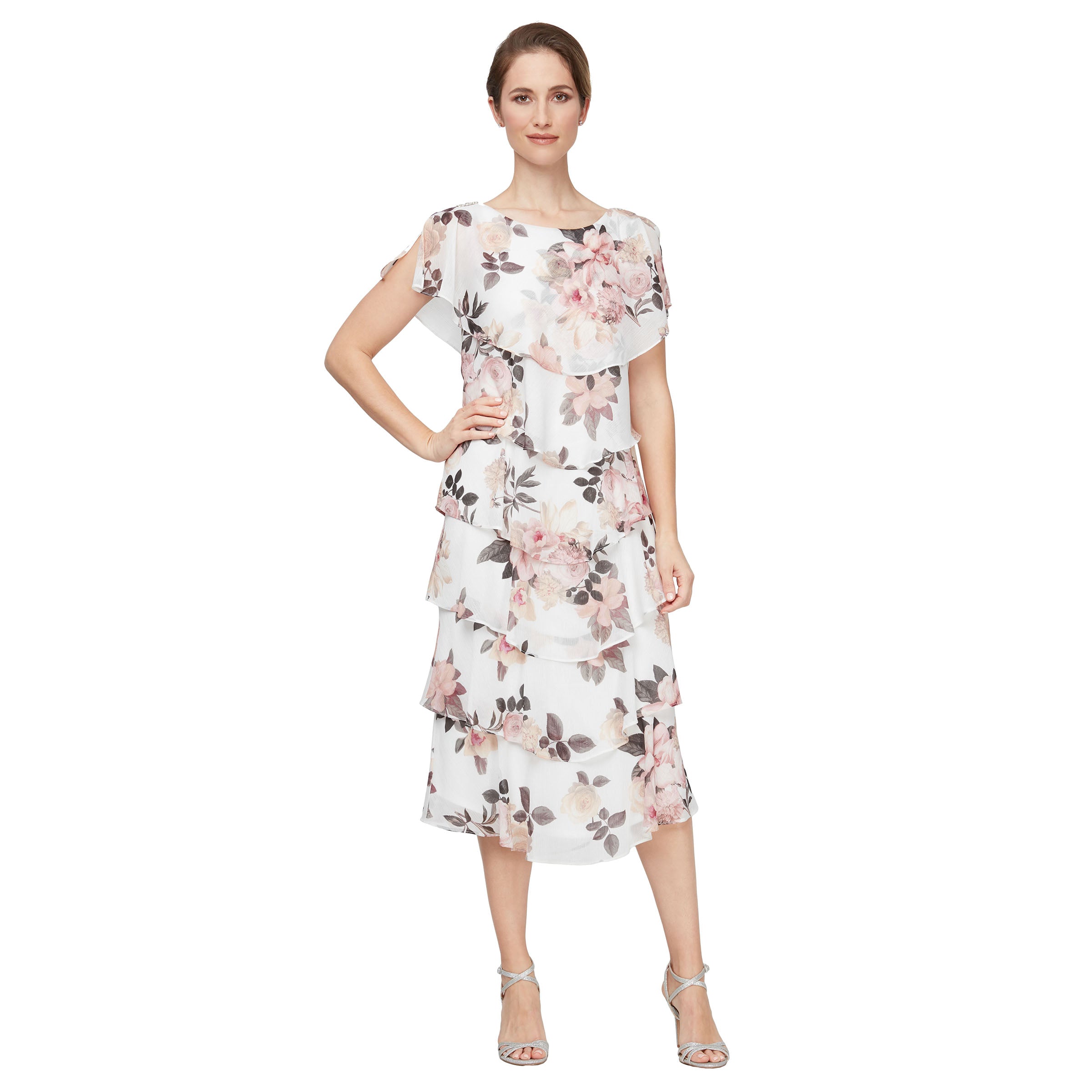 Ignite Evenings Petite Size Short Sleeve Tiered Floral Print Midi Dress, Womens, 8P, Ivory/Pink Ignite Evenings Petite Size Short Sleeve Tiered Floral Print Midi Dress, Womens, 8P, Ivory/Pink