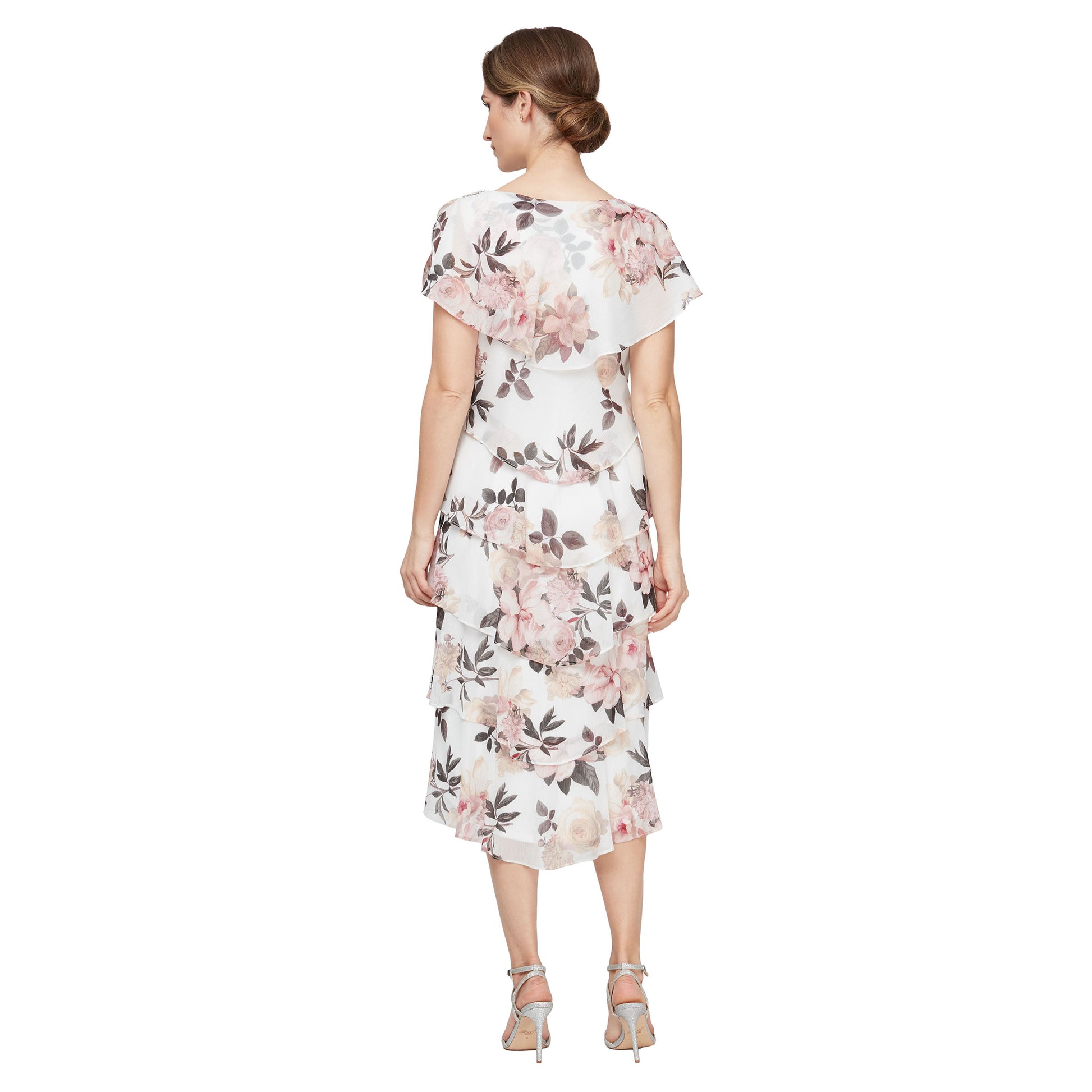 SL Fashions 9171803 Midi Floral Printed Tiered Cocktail Dress