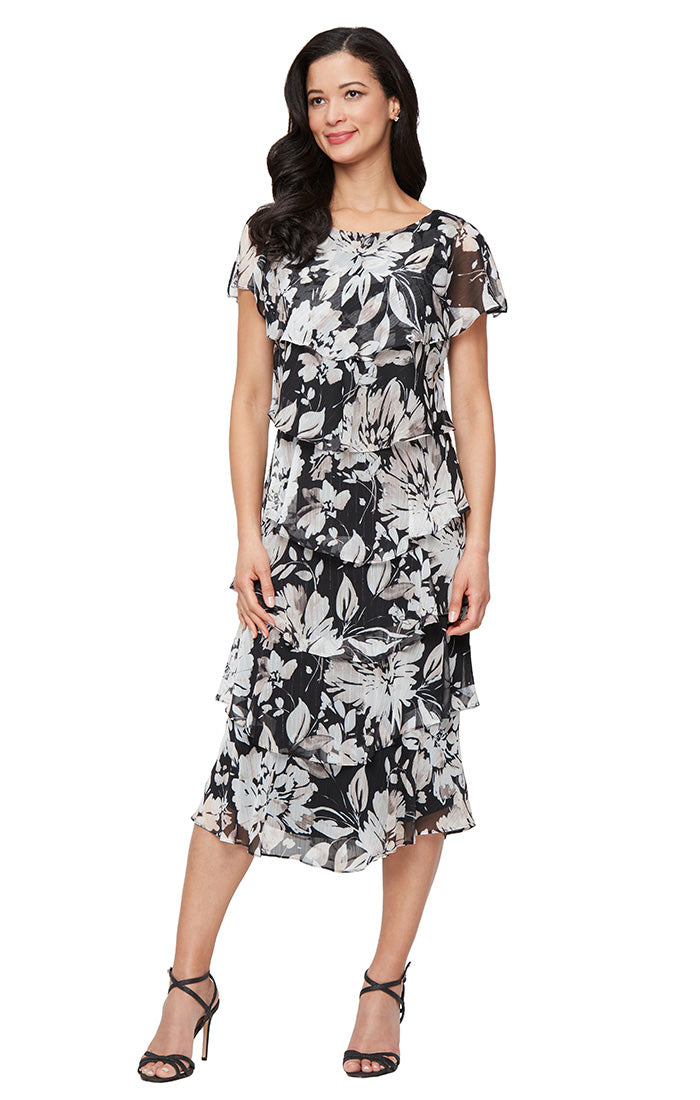 SL Fashions 9171989 Short Cocktail Floral Midi Length Print Dress