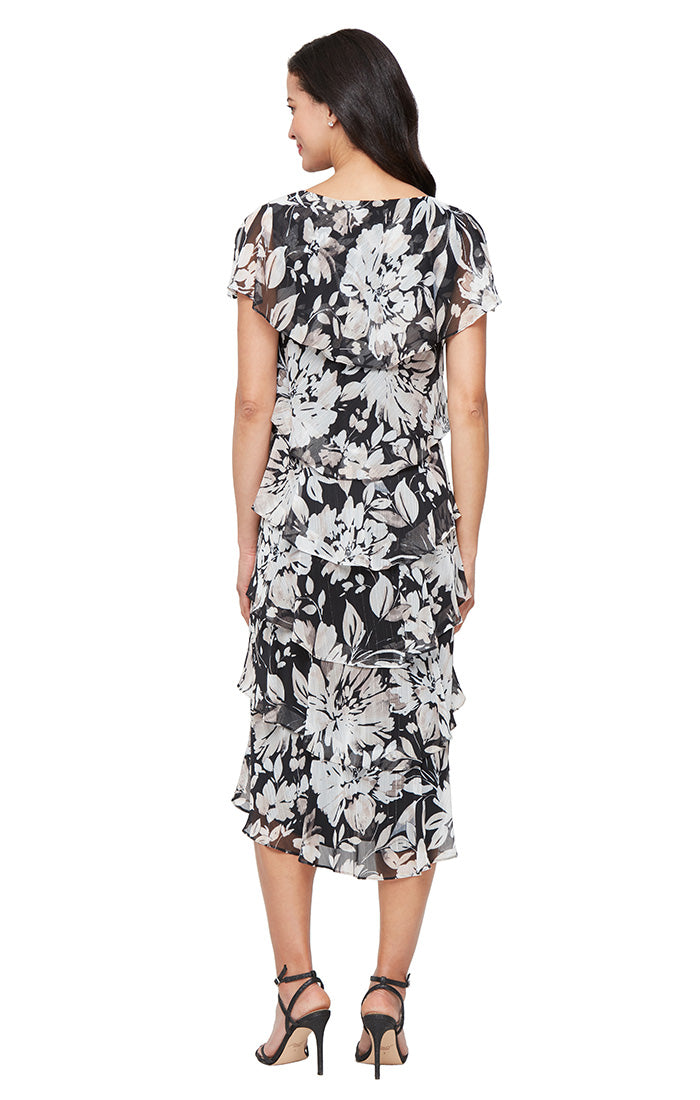 SL Fashions 9171989 Short Cocktail Floral Midi Length Print Dress
