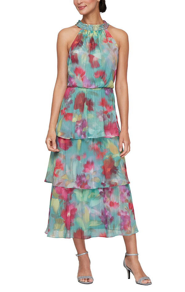 SL Fashions 9271996 Short Printed Beaded Petite Tea Length Dress