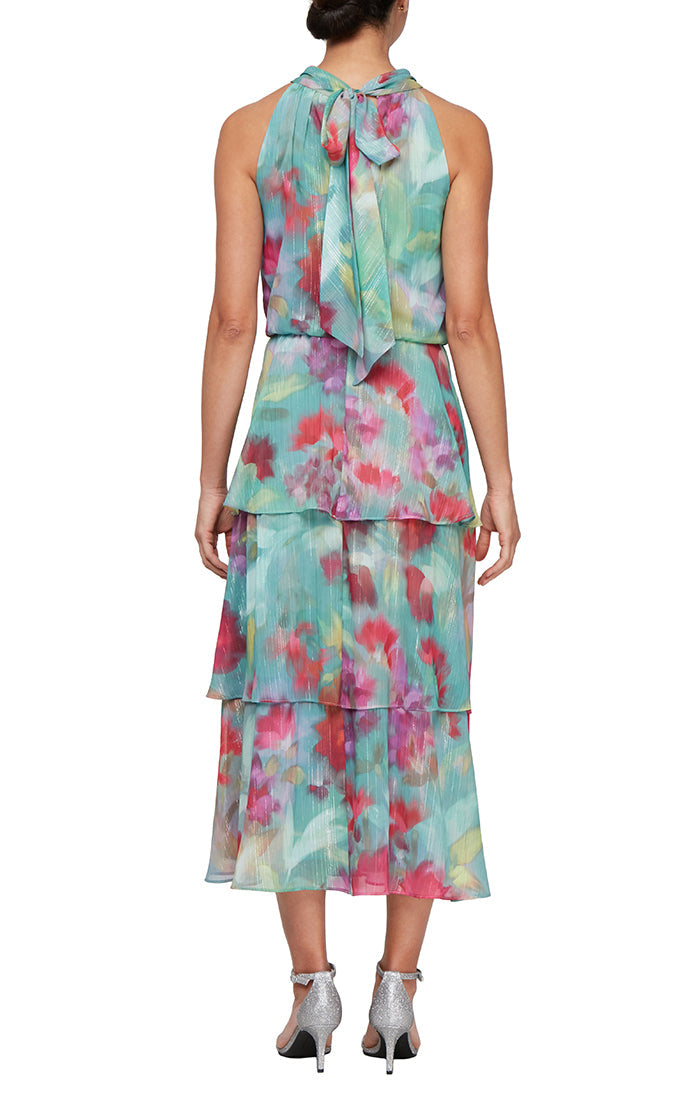 SL Fashions 9271996 Short Printed Beaded Petite Tea Length Dress