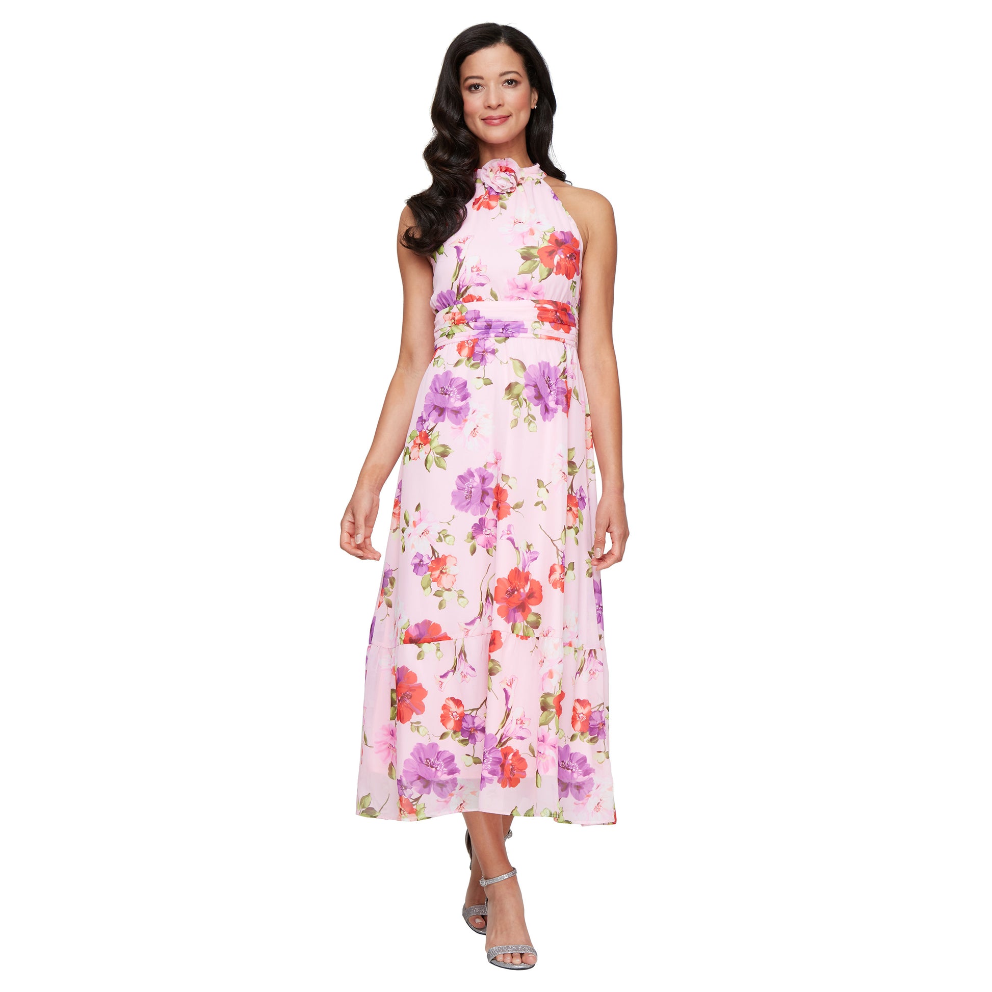 SL Fashions 9172115 Printed Floral Midi Formal Dress