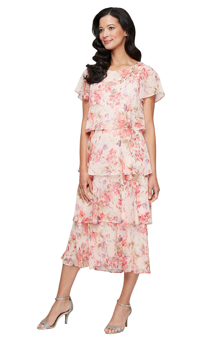 SL Fashions Women's Floral-Print Tiered Dress - Peach Mult
