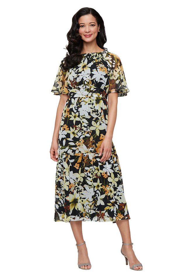 SL Fashions 9172141 Short Printed Tea Length Cocktail Dress