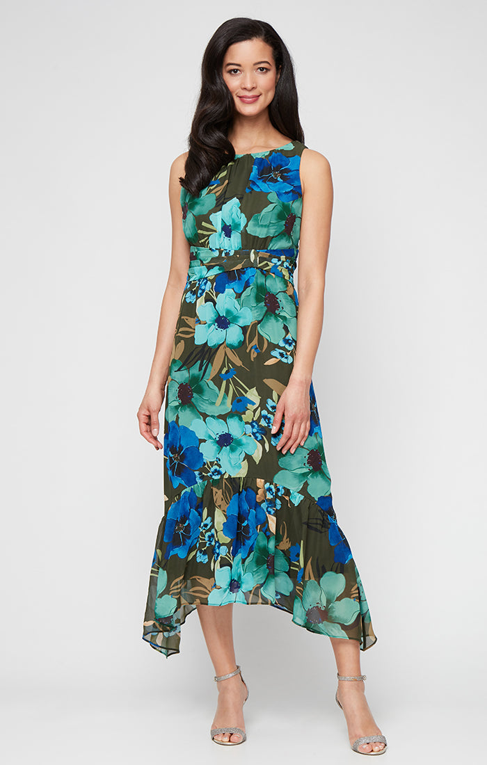 SL Fashions 9172142 Short Print Tea Length Cocktail Dress