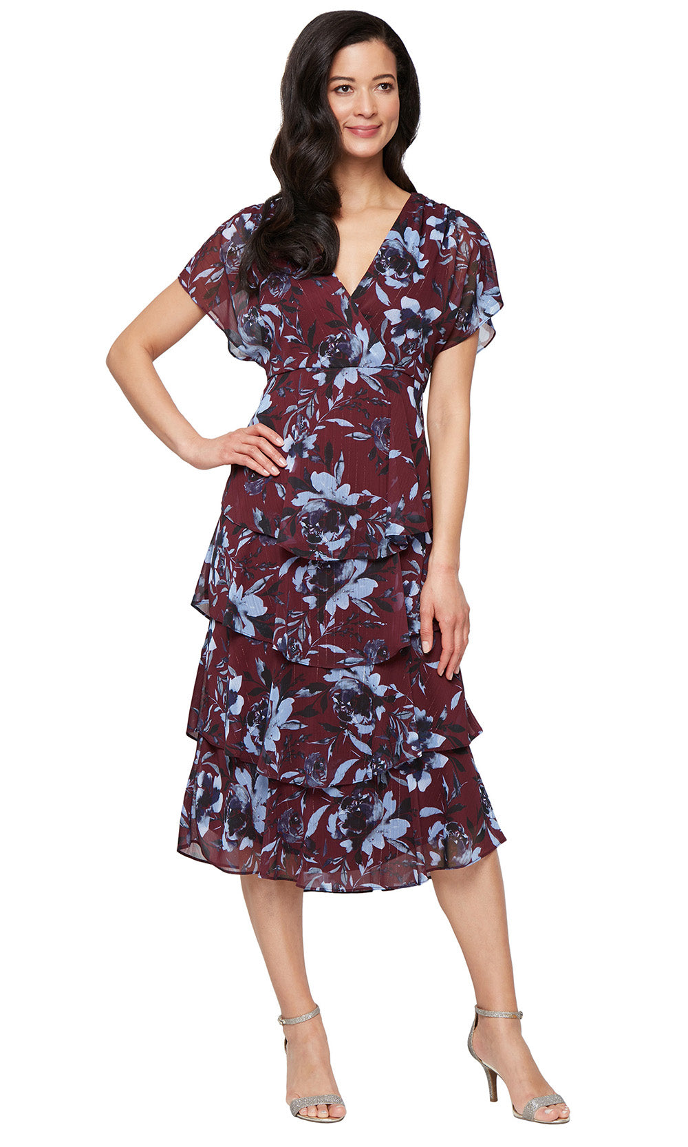 SL Fashions 9272147 Tiered Floral Print A Line Tea Length Cocktail Dre The Dress Outlet SL Fashions 9272147 Tiered Floral Print A Line Tea Length Cocktail Dre The Dress Outlet