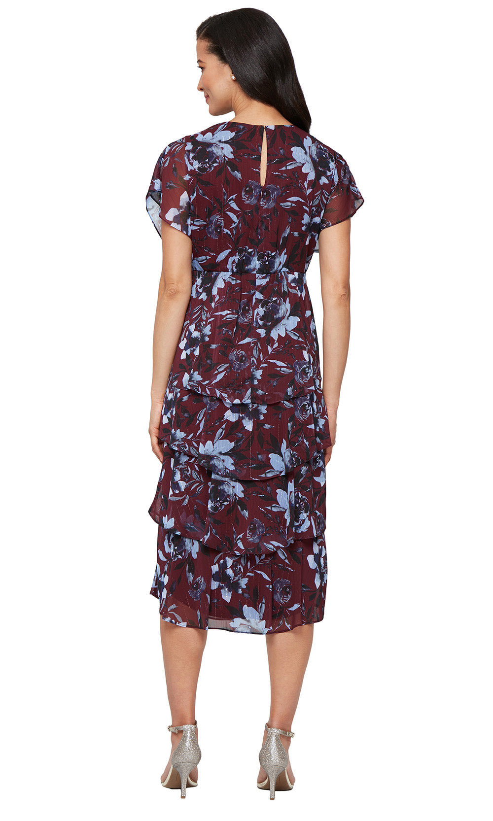 Cocktail Dresses Tiered Floral Print A Line Tea Length Cocktail Dress WINE MULTI