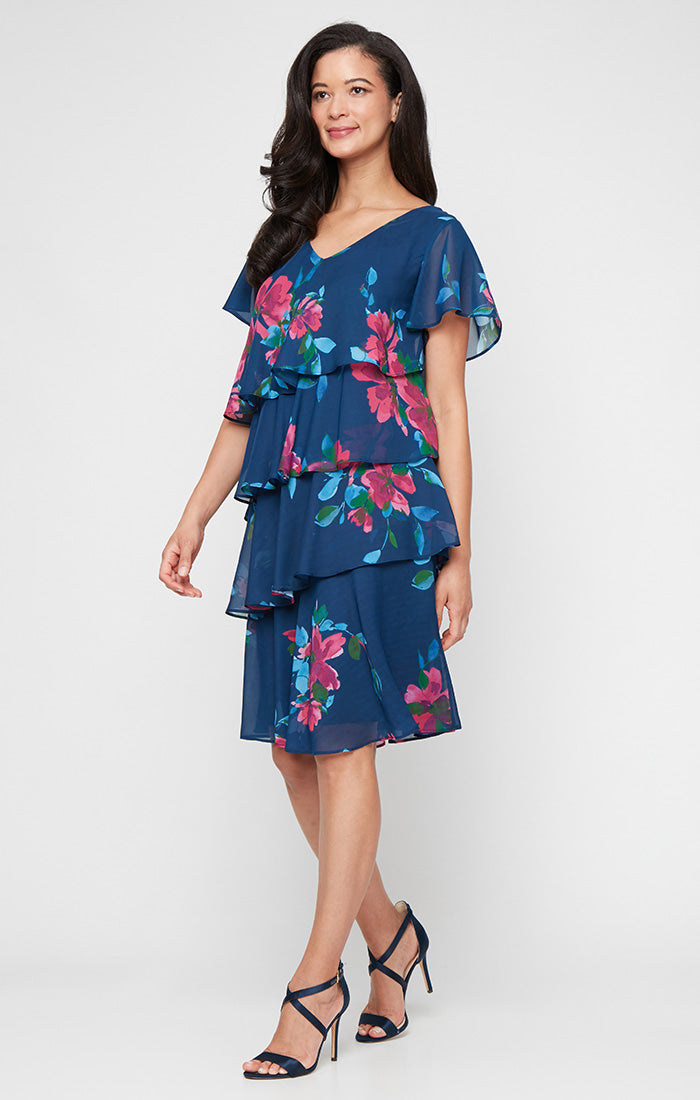 Cocktail Dresses Short Floral Print Midi Cocktail Dress Navy Multi