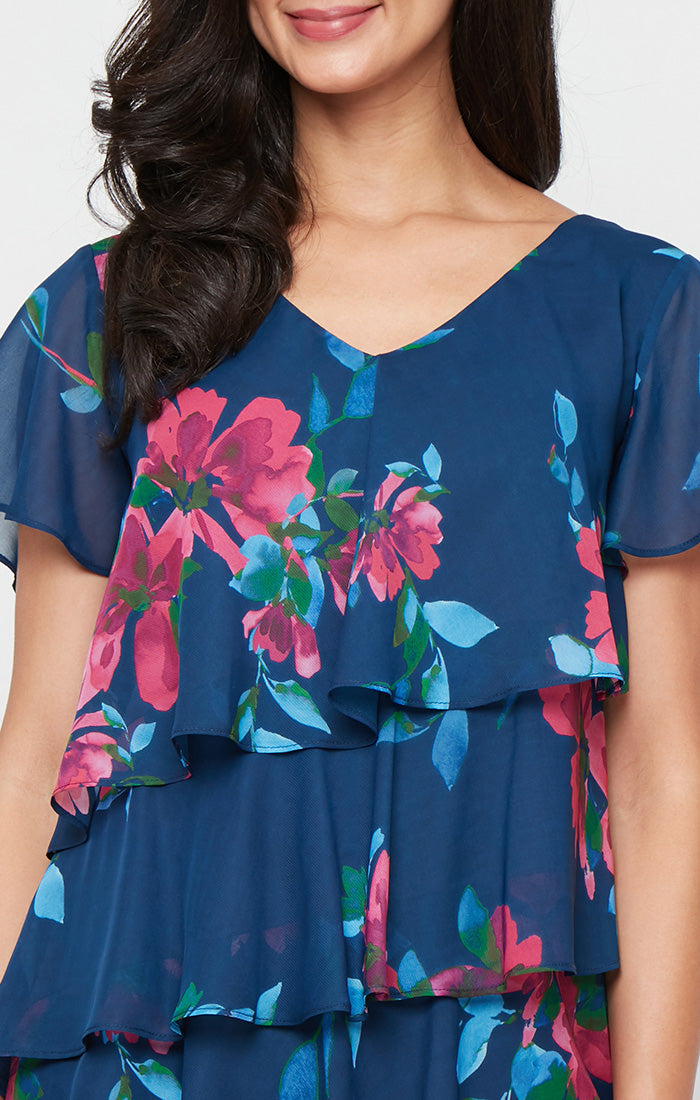 Cocktail Dresses Short Floral Print Midi Cocktail Dress Navy Multi