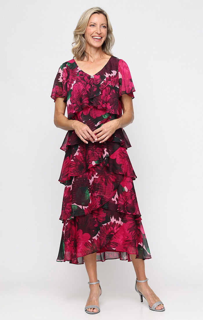 Cocktail Dresses Short Midi Ruffle Floral Print Cocktail Dress SL Fashions 9172162 Pink Multi