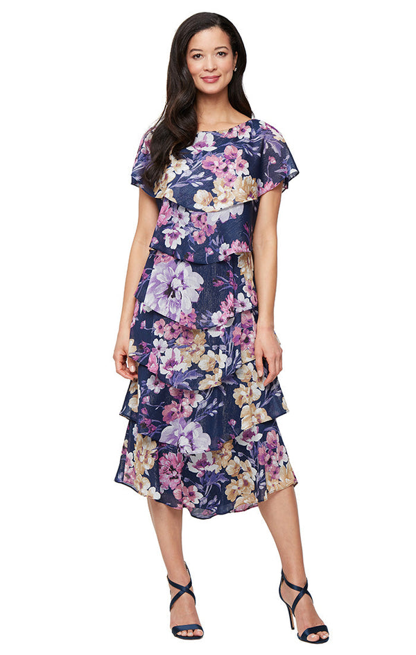 SL Fashions 9172165 Short Printed Midi Length Cocktail Dress