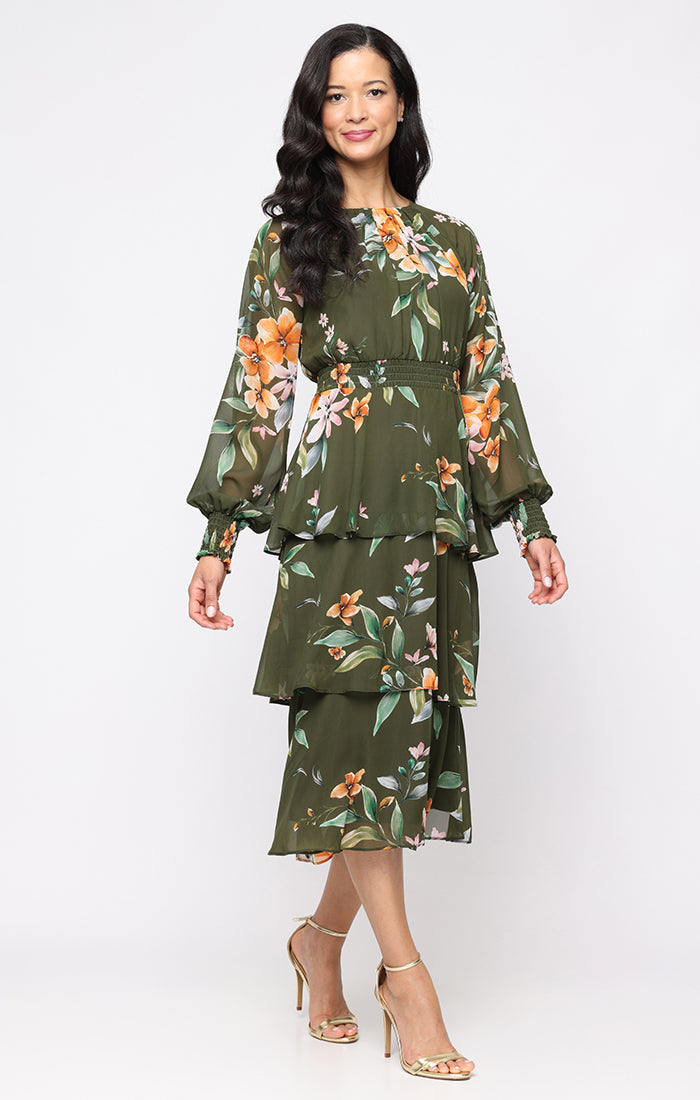 Mother of the Bride Dresses Long Sleeve Midi Print Short Cocktail Mother of the Bride Dress Olive Multi