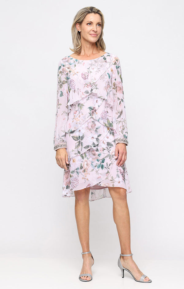 Short Long Sleeve Beaded Print Cocktail Dress SL Fashions 9172168