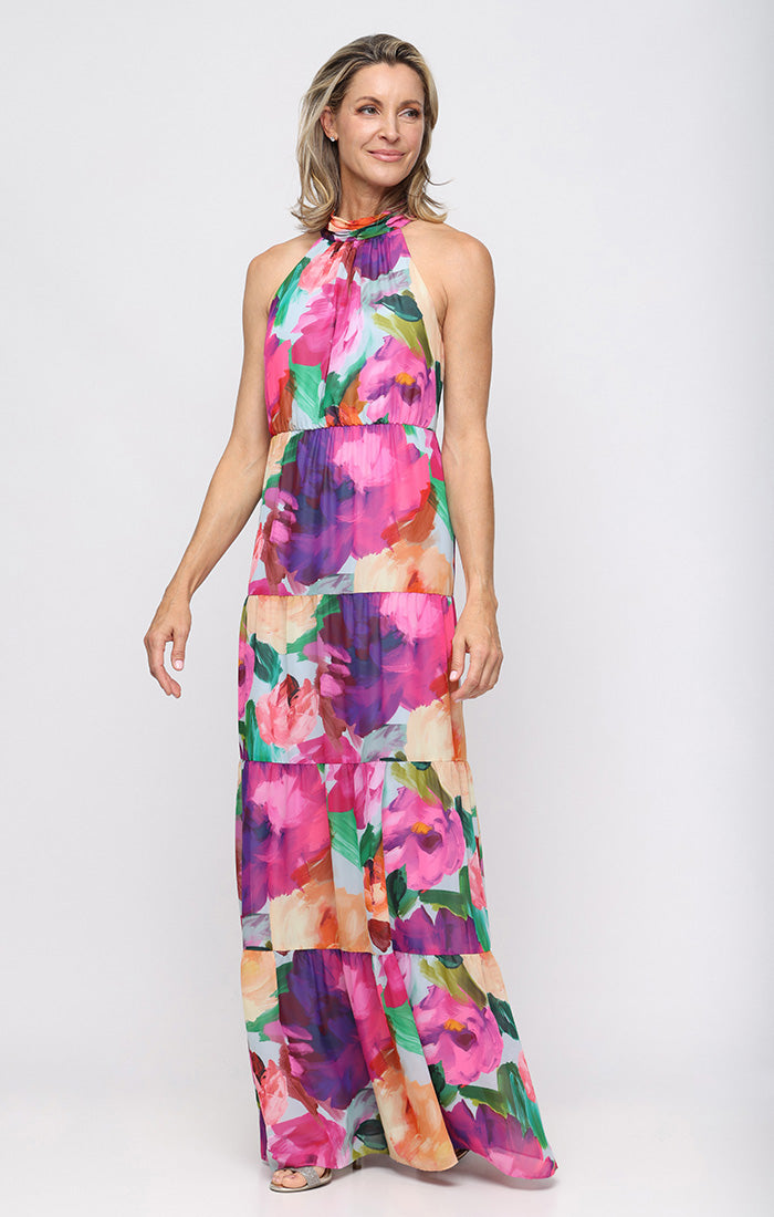 Formal Dresses Long Formal Ruffle Print Evening Dress SL Fashions 9172187 Magenta Multi