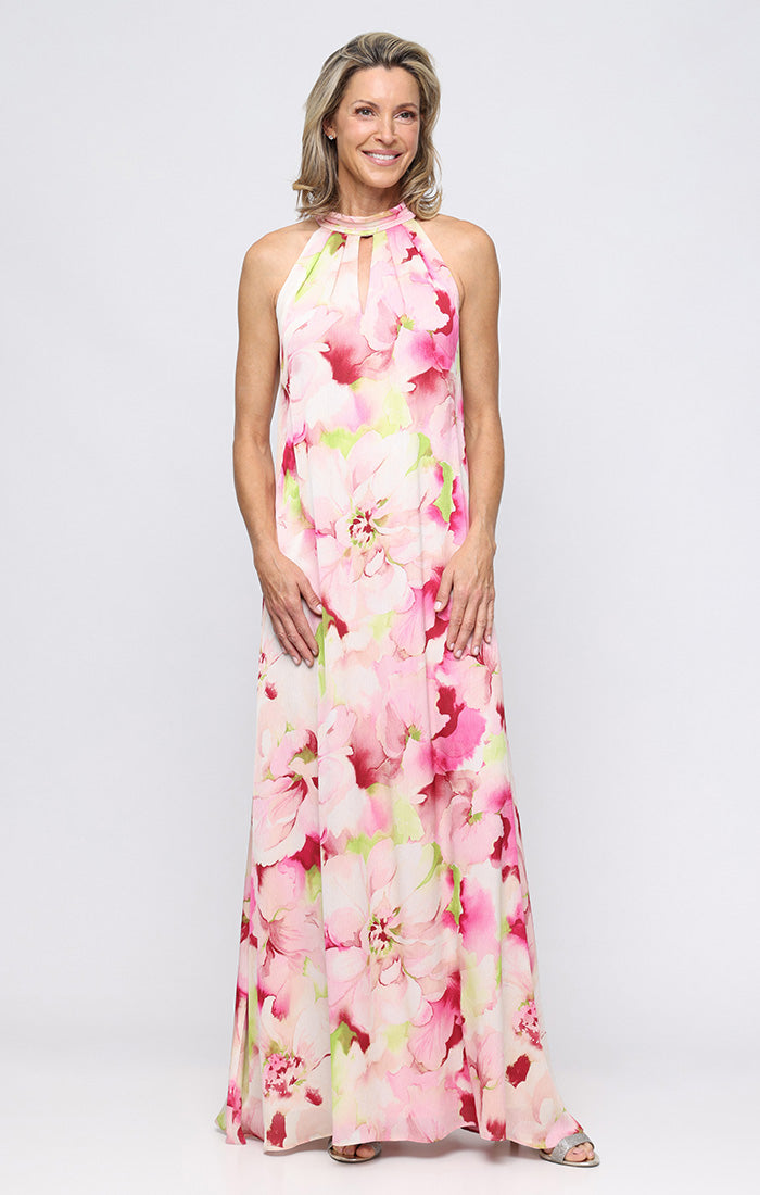 Pink Multi Halter Neck Floor-Length Chiffon Formal Keyhole Dress SL Fashions 9172197