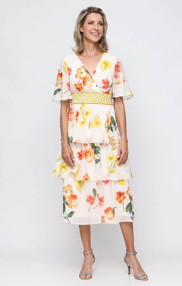 Ignite Evenings Floral Print Tiered Chiffon Midi Dress, Womens, 18, Cream Multi Ignite Evenings Floral Print Tiered Chiffon Midi Dress, Womens, 18, Cream Multi
