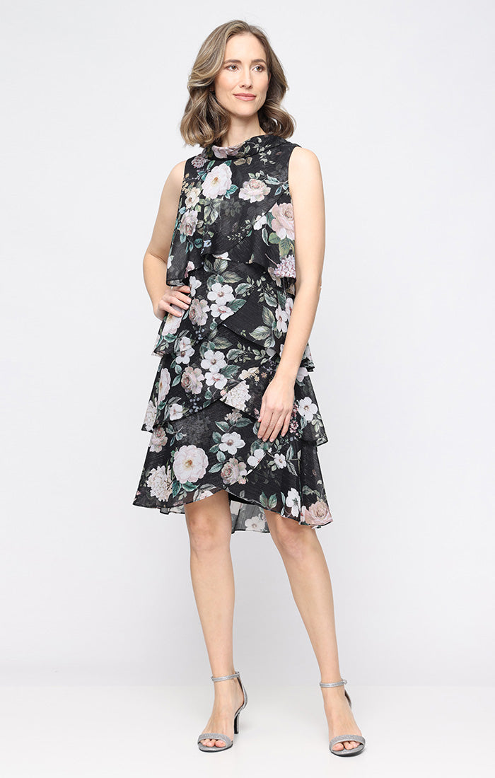 Cocktail Dresses Floral Print Short Midi Cocktail Dress SL Fashions 9172219 Black Multi