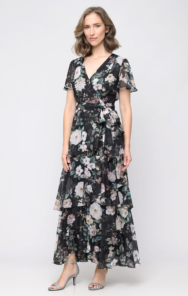 SL Fashions 9172220 V-Neck Floor-Length Chiffon Evening Tiered Dress