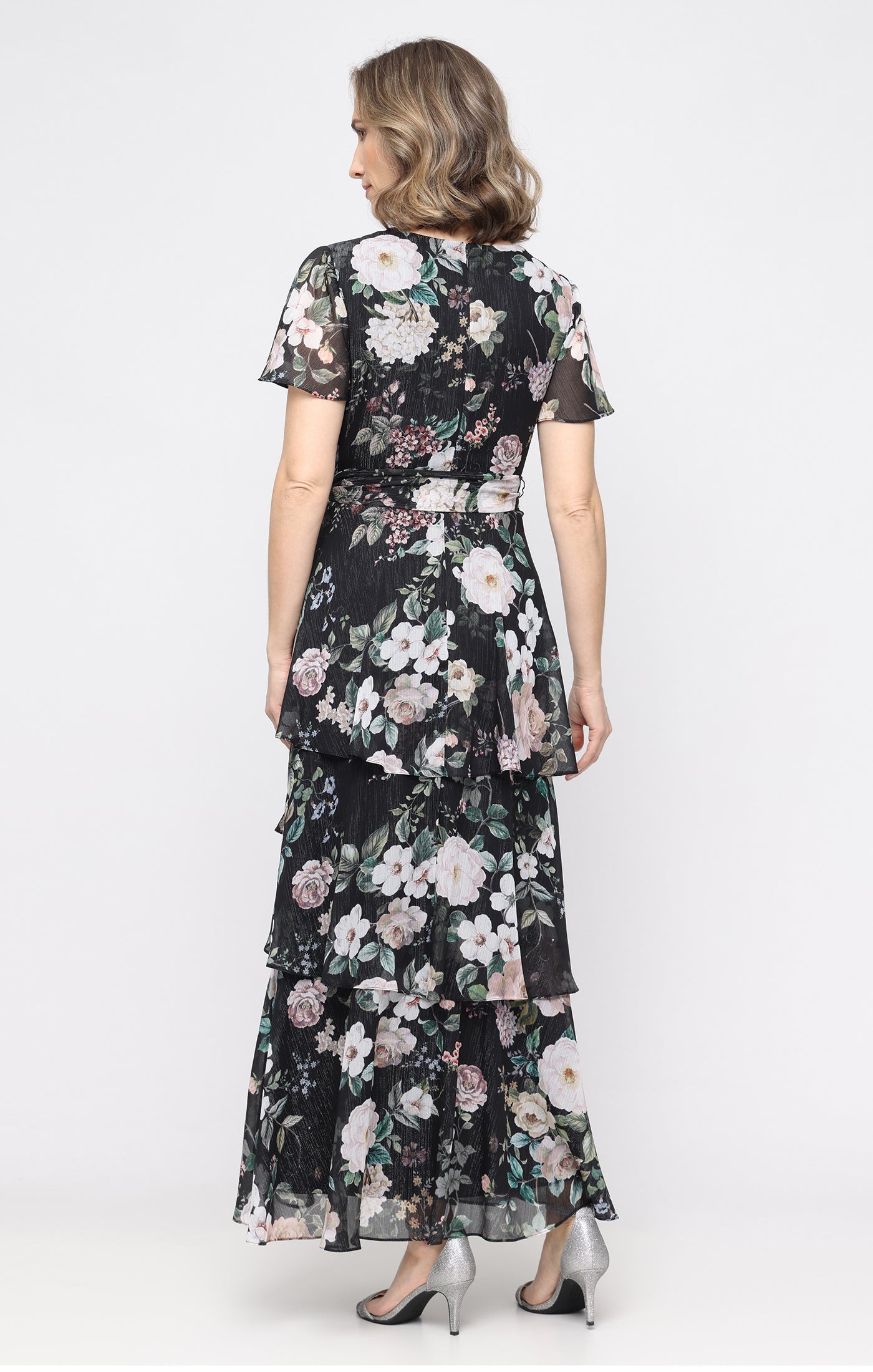 Black Multi SL Fashions 9172220 V-Neck Floor-Length Chiffon Cocktail Tiered Dress