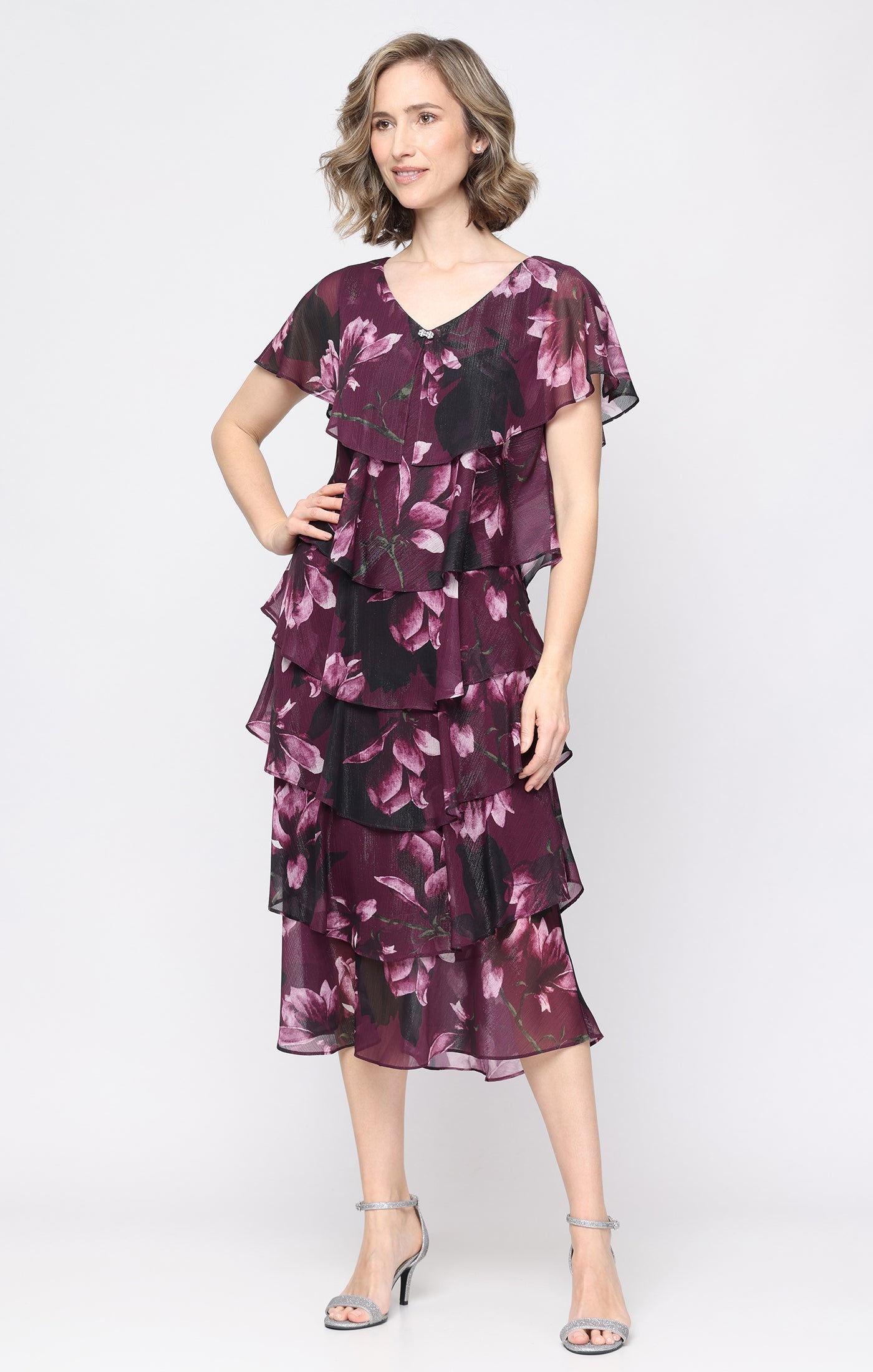 Plum Multi SL Fashions 9172222 V-Neck Midi Chiffon Cocktail Dress Floral